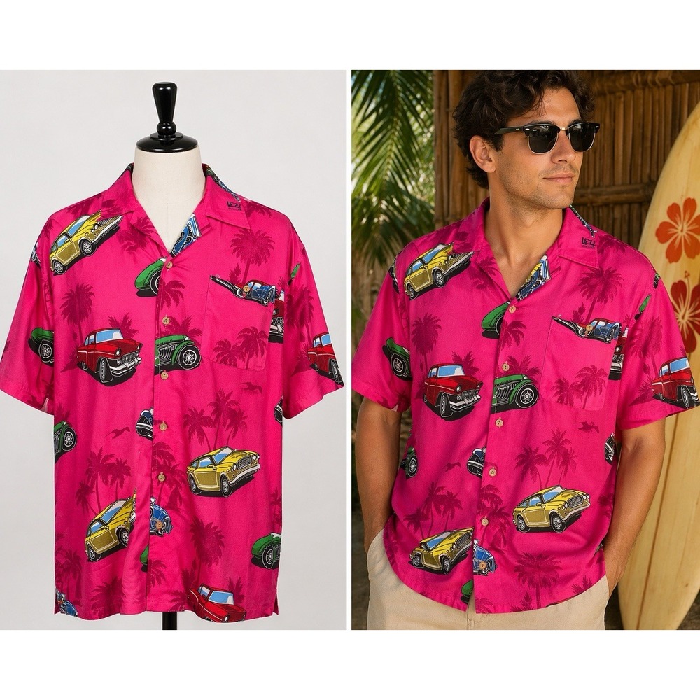 UZZI Hawaiian Button Up Shirt Mens M Pink AOP Retro Cars Vacation Short Sleeve